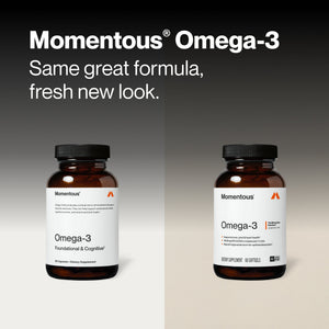 Omega-3 wellness supplement bottles shown with original and refreshed labels beside text reading Same great formula fresh new look