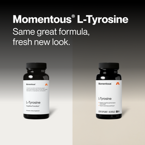 Tyrosine wellness supplement bottles shown in an updated package comparison with black containers white labels and fresh new look branding