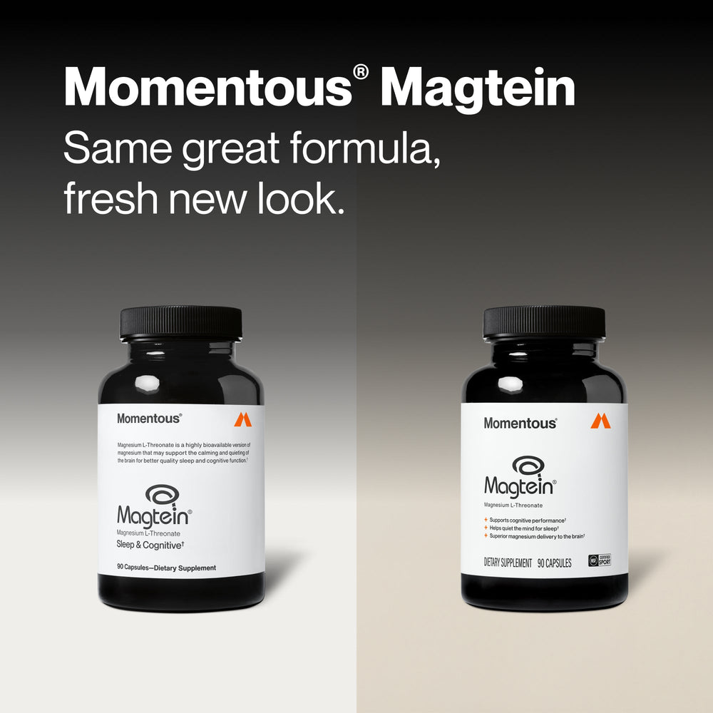 Black bottle of Magnesium L-Threonate dietary supplement with white label featuring brand name Momentous, benefits for cognitive performance and sleep support, containing 90 capsules.