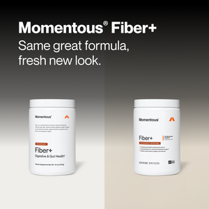 Fiber+ supplement shown in two white containers with old and new packaging alongside text reading Same great formula fresh new look and digestive gut health details