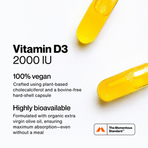 Vitamin D3 2000 IU wellness supplement capsule with text highlighting a 100 percent vegan plant based formula and high bioavailability