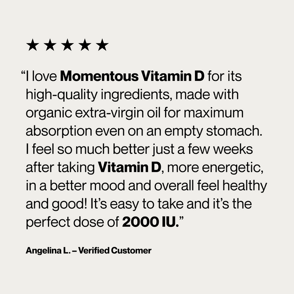 Five star customer testimonial for Vitamin D3 2000 IU highlighting easy use and a positive wellness experience