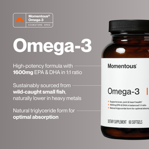 Omega-3 dietary supplement bottle featuring high potency EPA and DHA with 1600mg omega-3 and natural triglyceride form for optimal absorption