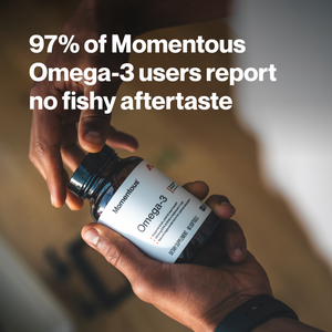 Hands holding a bottle labeled Omega-3 wellness supplement with promotional text stating that 97 percent of users report no fishy aftertaste