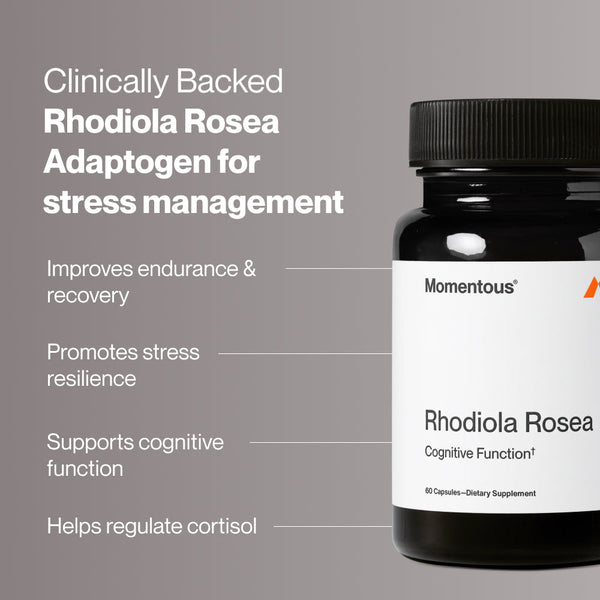 Rhodiola Rosea bottle displayed beside wellness messaging about endurance stress resilience cognitive function and cortisol regulation