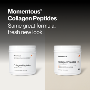 Collagen Peptides wellness supplement containers shown side by side with refreshed packaging against a neutral gradient background