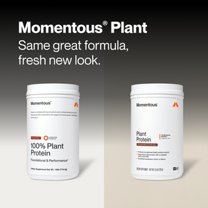 Two white containers of 100% Plant Protein Powder displayed against a neutral background with product labels visible