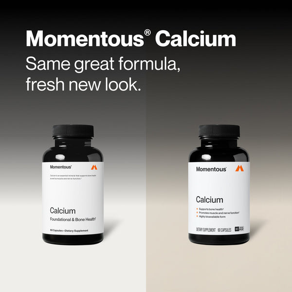 Calcium wellness supplement bottles shown side by side with updated packaging and foundational bone health labeling