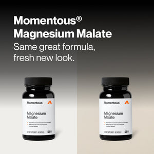 Two Momentous Magnesium Malate wellness supplement bottles displayed side by side with text saying Same great formula fresh new look