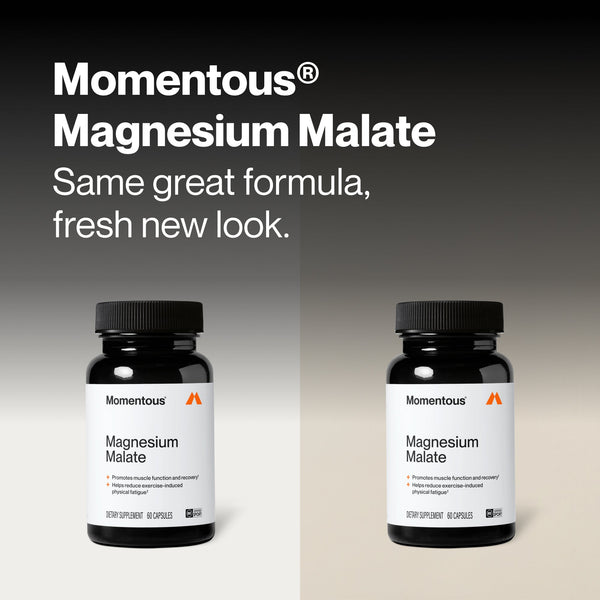 Two Momentous Magnesium Malate wellness supplement bottles displayed side by side with text saying Same great formula fresh new look