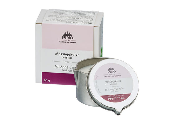 Metal tin container of Massage Candle | Pino Spa Therapy with wild rose scent alongside its packaging box, designed for skincare and wellness.