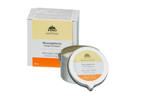 Massage Candle | Pino Spa Therapy in a small metal container with a matching yellow and orange label, paired with a white and yellow box, designed for skincare and body care wellness.