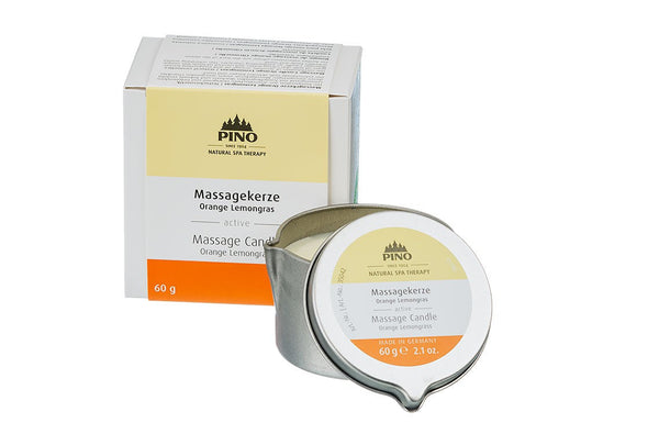 Massage Candle | Pino Spa Therapy in a small metal container with a matching yellow and orange label, paired with a white and yellow box, designed for skincare and body care wellness.