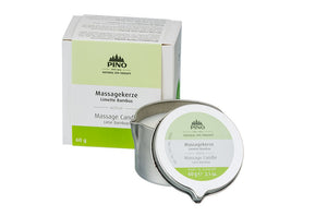 Massage Candle | Pino Spa Therapy in lime bamboo scent, presented in a small metal container with a matching branded box, ideal for skincare and body care wellness rituals.