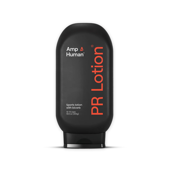 Black squeeze bottle labeled PR Lotion® Bottle with orange text, designed for sports lotion with bicarbonate, for skincare and body care use.