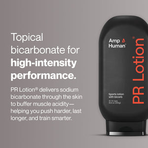 Black PR Lotion® Bottle with red and white text, positioned next to a description explaining the lotion delivers sodium bicarbonate through the skin to reduce muscle acidity for improved high-intensity performance and training benefits.