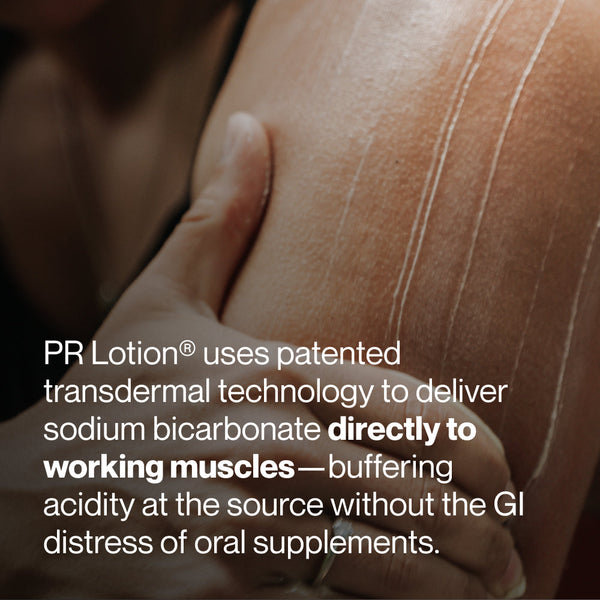 Close-up of a person applying PR Lotion® Bottle to their shoulder, highlighting skincare and muscle recovery benefits with transdermal technology for targeted delivery.
