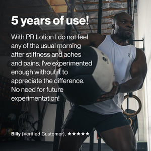 Man in athletic wear using a medicine ball in a gym setting with a testimonial about 5 years of effective use of PR Lotion® Bottle for relief from stiffness and aches.