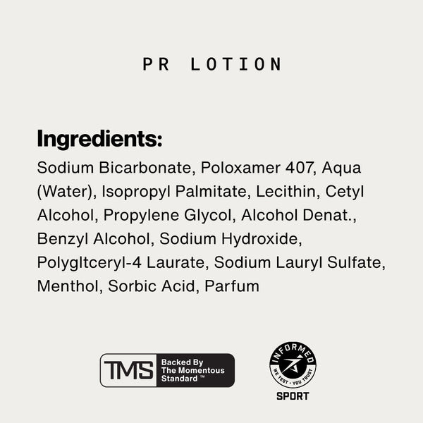 Close-up of the PR Lotion® Bottle ingredient list showing components like Sodium Bicarbonate, Poloxamer 407, and Menthol, highlighting skincare and wellness supplement details.