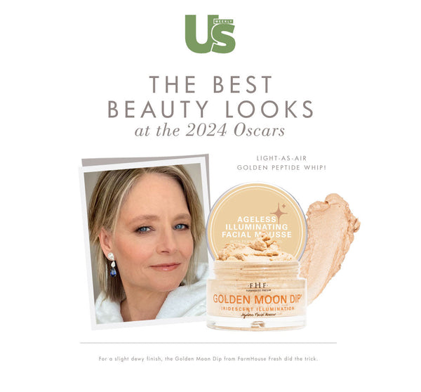 Promotional image featuring a skincare product jar labeled Golden Moon Dip® Illumination Mousse with Retinol + Wrinkle-Targeting Peptides | Farmhouse Fresh alongside a portrait of a woman highlighting radiant skin and a smear of the mousse.