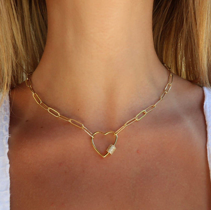 Heart Link Gold Paperclip Chain Necklace (18" / White Crystal Studded) | Love You More