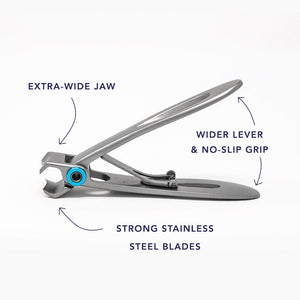 Silver stainless steel nail clipper with extra-wide jaw, wider lever, and no-slip grip labeled with product features, designed for precise body care by Clip Clip | Barefoot Scientist