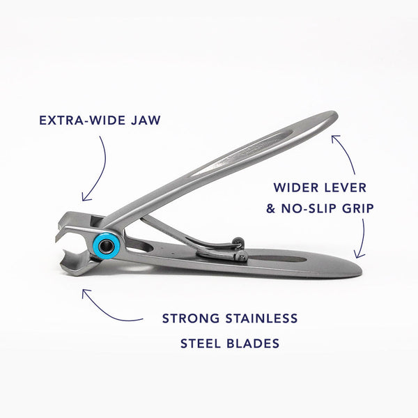 Silver stainless steel nail clipper with extra-wide jaw, wider lever, and no-slip grip labeled with product features, designed for precise body care by Clip Clip | Barefoot Scientist