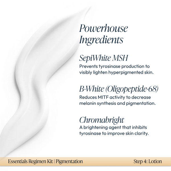 Creamy white lotion texture with text highlighting key ingredients SepiWhite MSH, B-White Oligopeptide-68, and Chromabright that target pigmentation and skin clarity in the Pigmentation Essentials Regimen Kit | Circadia.