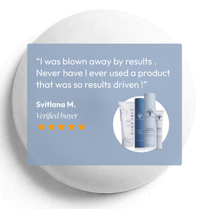 Customer testimonial with five-star rating for Pigmentation Essentials Regimen Kit | Circadia featuring four skincare product bottles on a light background.