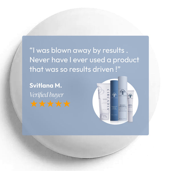 Customer testimonial with five-star rating for Pigmentation Essentials Regimen Kit | Circadia featuring four skincare product bottles on a light background.