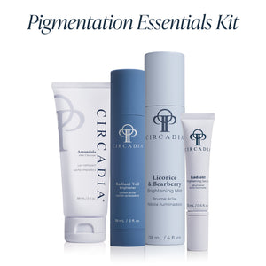 Set of four skincare products including cleanser, brightener, mist, and serum designed for skin brightening from the Pigmentation Essentials Regimen Kit | Circadia.