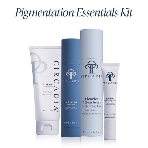 Set of four skincare products including cleanser, brightener, mist, and serum designed for skin brightening from the Pigmentation Essentials Regimen Kit | Circadia.
