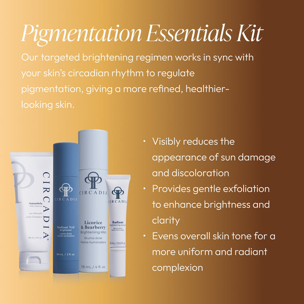 Pigmentation Essentials Regimen Kit | Circadia includes skincare products designed to reduce sun damage, exfoliate gently, brighten, and even skin tone for a radiant complexion.