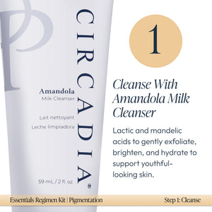Close-up of Circadia Amandola Milk Cleanser tube next to text describing step one of the Pigmentation Essentials Regimen Kit | Circadia, highlighting gentle exfoliation, brightening, and hydration benefits for youthful skin.
