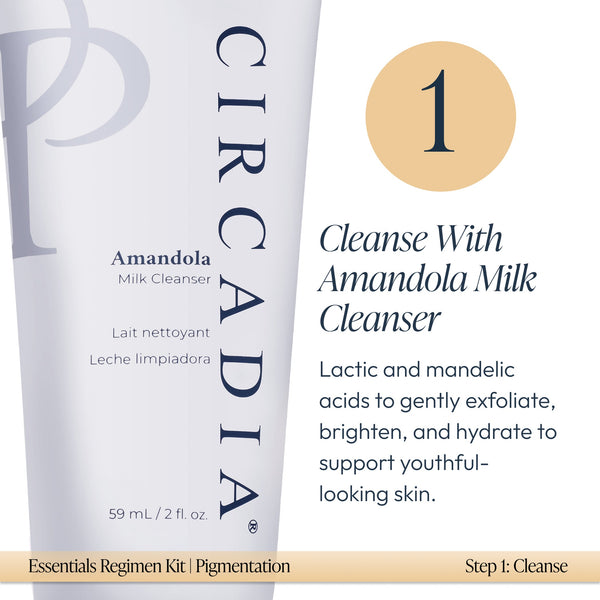 Close-up of Circadia Amandola Milk Cleanser tube next to text describing step one of the Pigmentation Essentials Regimen Kit | Circadia, highlighting gentle exfoliation, brightening, and hydration benefits for youthful skin.
