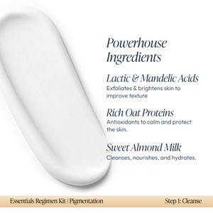 White cream texture sample with text describing powerhouse ingredients including lactic and mandelic acids for exfoliating and brightening, rich oat proteins for antioxidant protection, and sweet almond milk for cleansing and hydration, part of the Pigmentation Essentials Regimen Kit | Circadia.