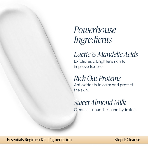 White cream texture sample with text describing powerhouse ingredients including lactic and mandelic acids for exfoliating and brightening, rich oat proteins for antioxidant protection, and sweet almond milk for cleansing and hydration, part of the Pigmentation Essentials Regimen Kit | Circadia.
