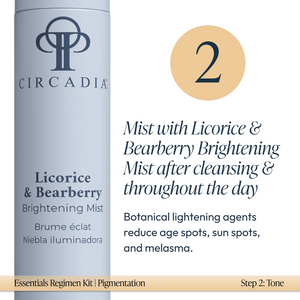 Close-up of a blue bottle of Licorice & Bearberry Brightening Mist from the Pigmentation Essentials Regimen Kit | Circadia, highlighting its use for reducing age spots and brightening skin tone.
