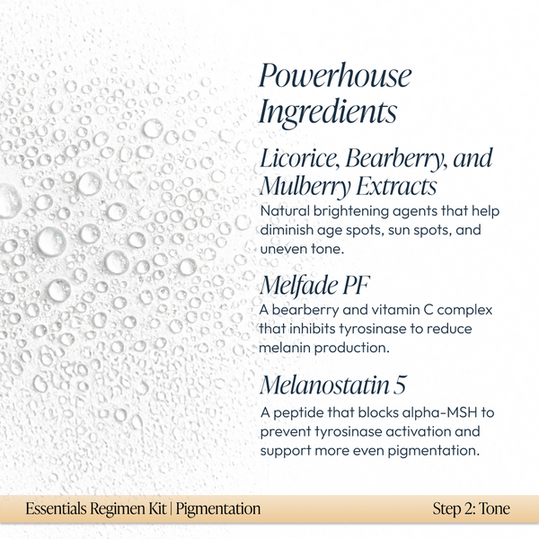 Text describing powerhouse ingredients in Pigmentation Essentials Regimen Kit | Circadia, including licorice, bearberry, mulberry extracts, Melfade PF, and Melanostatin 5 for brightening and even skin tone.