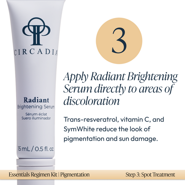 Tube of Circadia Radiant Brightening Serum with instructions to apply directly to discoloration areas as part of the Pigmentation Essentials Regimen Kit | Circadia skincare routine.