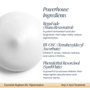 Close-up of a skincare product sample displaying the Pigmentation Essentials Regimen Kit | Circadia ingredient benefits, highlighting antioxidants and spot treatment properties.