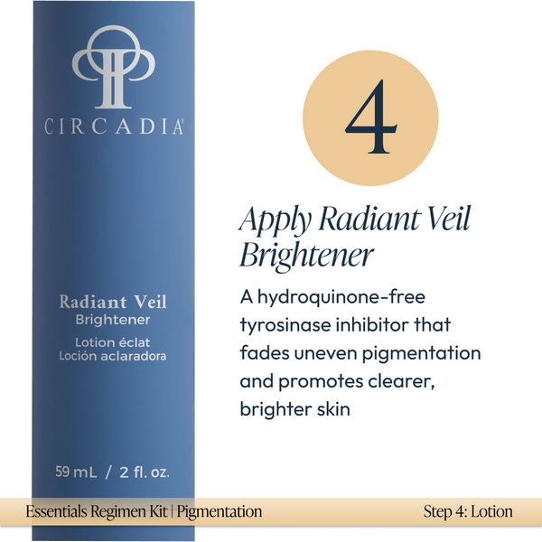 Step 4 of the Pigmentation Essentials Regimen Kit | Circadia features Radiant Veil Brightener, a hydroquinone-free lotion that reduces uneven pigmentation for clearer, brighter skin.