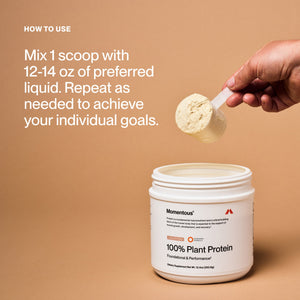 Whey Protein Isolate - Flavor Series scoop of powder above an open protein container with instructions to mix one scoop with liquid