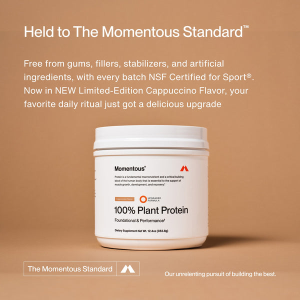 White container of plant-based protein powder with text highlighting upgraded cappuccino flavor and clean ingredients, promoting the Whey Protein Isolate - Flavor Series product.