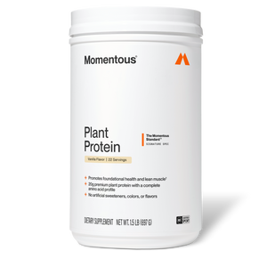 100% Plant Protein Powder in a white container with vanilla flavor labeling for daily wellness supplements and plant based nutrition