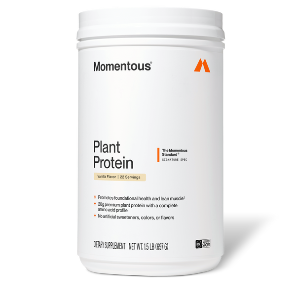 100% Plant Protein Powder in a white container with vanilla flavor labeling for daily wellness supplements and plant based nutrition