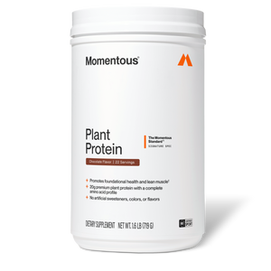 100% Plant Protein Powder in a white Momentous container labeled Plant Protein chocolate flavor and 22 servings for wellness supplements