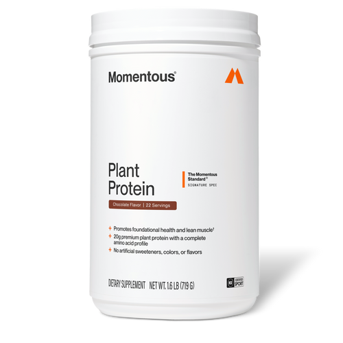 100% Plant Protein Powder in a white Momentous container labeled Plant Protein chocolate flavor and 22 servings for wellness supplements