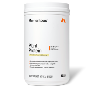 100% Plant Protein Powder in a white supplement container with a clean label and screw top shown against a plain background