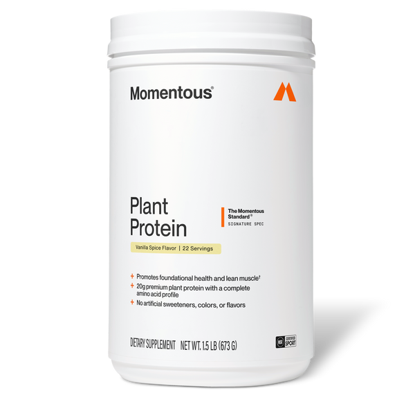 100% Plant Protein Powder in a white supplement container with a clean label and screw top shown against a plain background